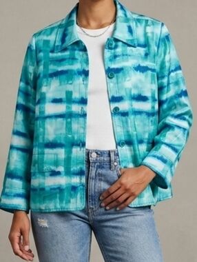 Susan‎ Graver Lined Jacket Women's Plus Size 1X Blue Watercolor Pockets